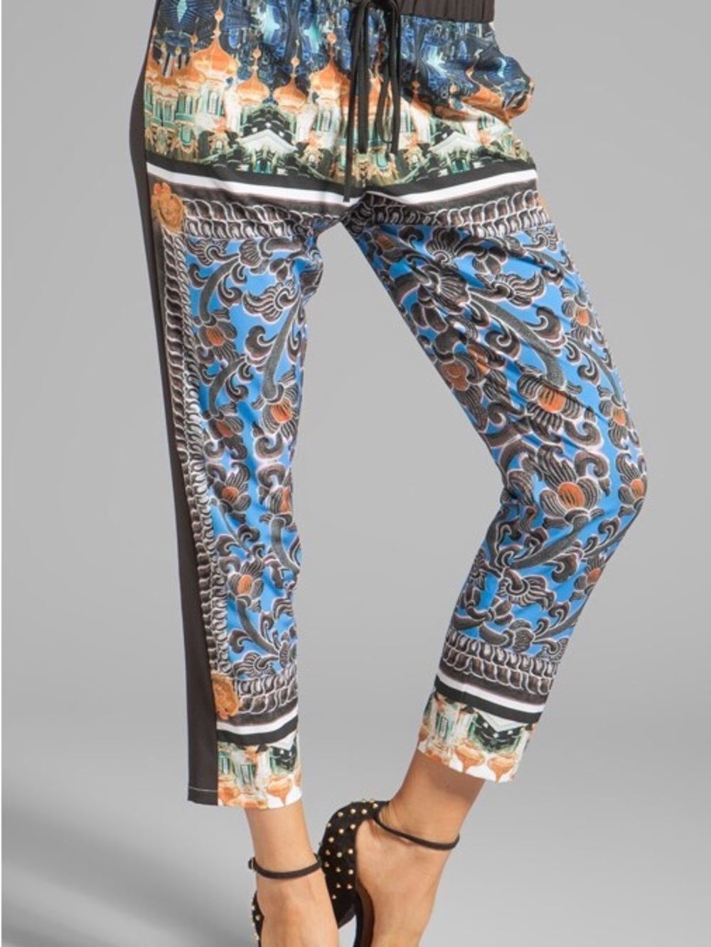 Clover Canyon Blue & Black Ornate Printed Ankle Pants